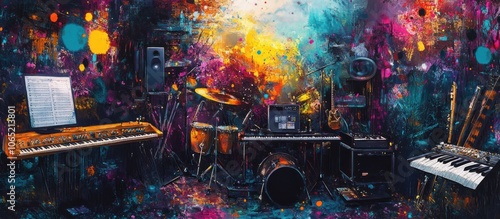 A colorful and abstract illustration of a band's music equipment, including a drum set, keyboard, guitar, and other instruments, set against a vibrant background. photo