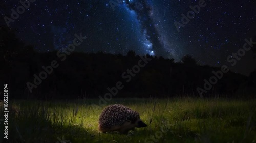 A whimsical wide shot of a solitary hedgehog wandering through a meadow under a starry night sky.