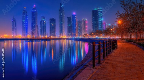 Night view of Dubai skyscrapers along Sheikh Zayed Road, with room for copy. photo