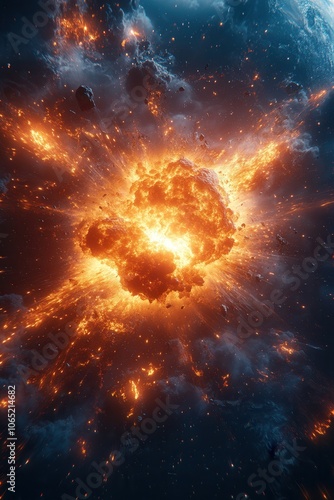 A monumental meteorite strikes a planet, unleashing a spectacular explosion. Fiery debris and shockwaves propel into space, while vibrant colors mix with dark clouds, showcasing the chaotic destructio photo