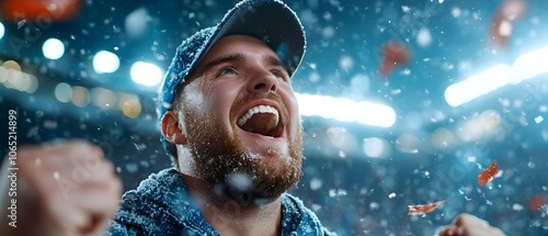 Energetic silhouetted fans cheering and raising their arms in as snow falls around them in an illuminated sports stadium indicating an exciting team victory photo