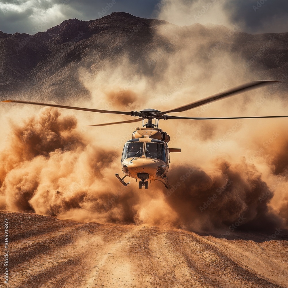 Helicopter stirring up dust on rugged terrain with mountains in the background. Helicopter stirring up dust on rugged terrain with mountains in the background.