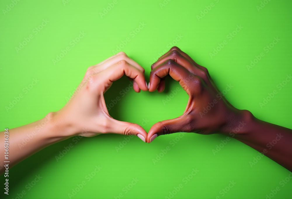 Obraz premium Symbol of Connection: Two Hands Forming a Heart Shape, Celebrating Diversity Against a Green Backdrop 