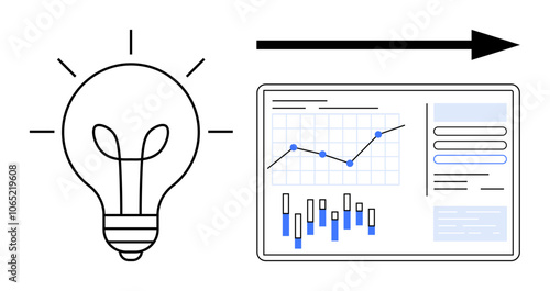 Light bulb symbolizes idea generation, followed by an arrow leading to a tablet screen displaying data charts. Ideal for innovation, business strategy, progress tracking, data analysis, project