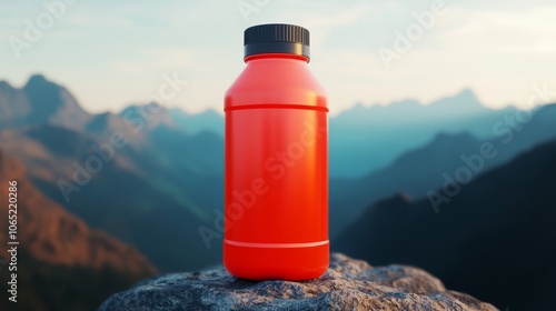 A vibrant red water bottle stands atop a rock with a breathtaking mountain landscape in the background, showcasing adventure and outdoor activity.