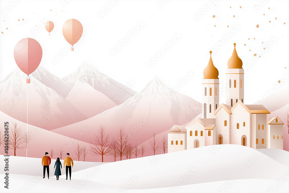 A serene winter landscape showcasing friends enjoying hot air balloons near a castle A serene winter landscape showcasing friends enjoying hot air balloons near a castle