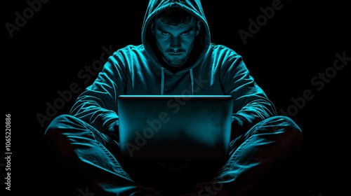 Mysterious Hacker Working on Laptop in Dark Room photo