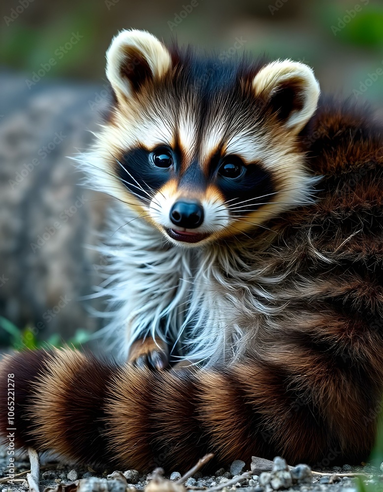 Obraz premium Detailed shot of a baby raccoon, showcasing its ringed tail and curious expression.