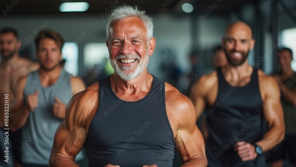 Fototapeta premium Several men are engaged in an energetic workout at a gym, showcasing their fitness and camaraderie. The atmosphere is lively as they enjoy their fitness class, highlighting their dedication to health.