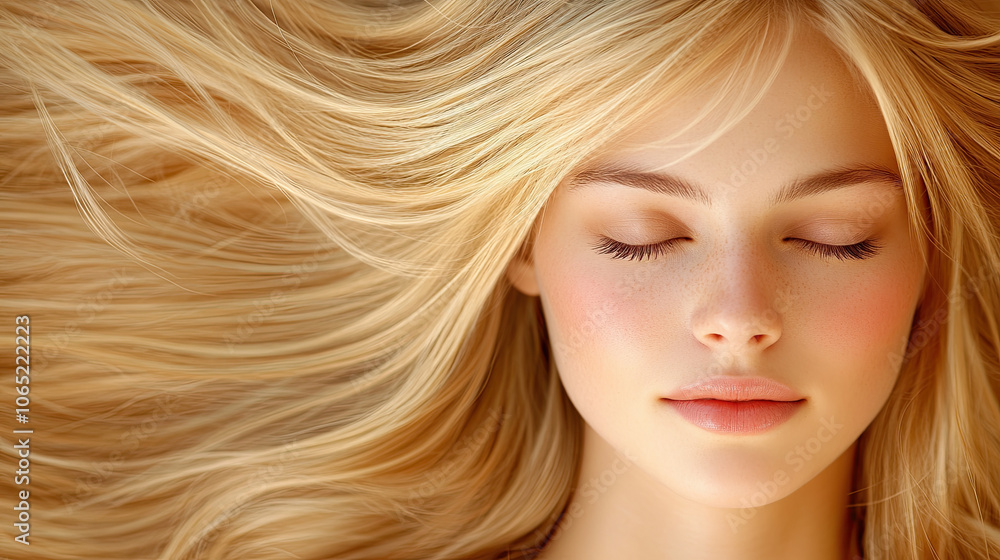 Naklejka premium Soft, textured hair cascading down with golden highlights, framing serene face. gentle flow of hair creates tranquil and dreamy atmosphere
