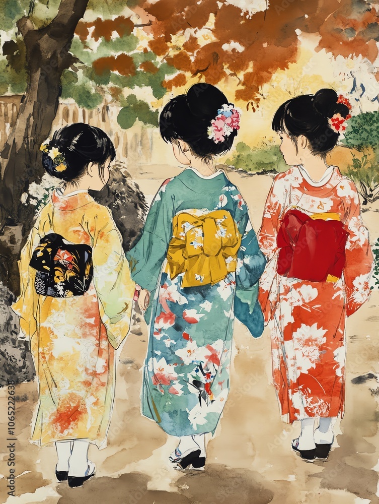 Obraz premium Three girls in colorful kimonos walking together under autumn leaves.