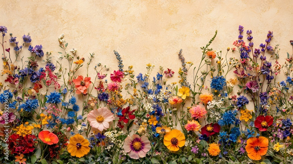 Fototapeta premium Colorful wildflowers arranged on a beige background in a botanical flat lay, showcasing spring garden blooms, delicate composition, pastel palette, and whimsical floral patterns.