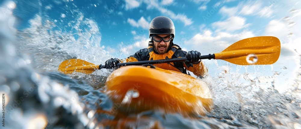 Fototapeta premium Skilled kayaker leaning into turbulent river rapids showcasing their expertise and intensity in an adrenaline fueled extreme sports photography capture