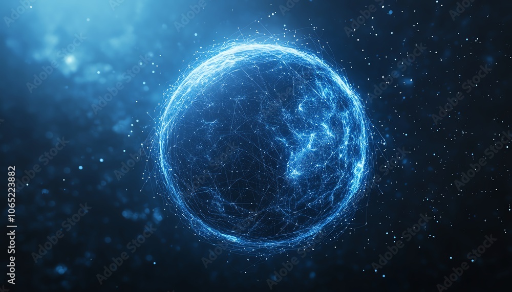 Abstract blue planet with orbiting components, minimalistic space and astronomy illustration, modern art style, striking visual simplicity, elegant design Abstract blue planet with orbiting components, minimalistic space and astronomy illustration, modern art style, striking visual simplicity, elegant design