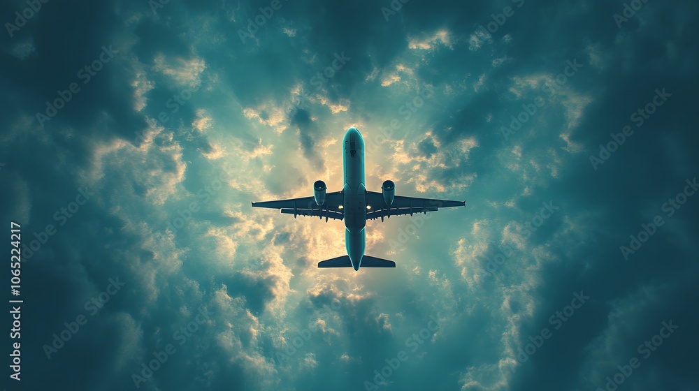 Fototapeta premium Commercial airplane flying against a bright blue sky with white fluffy clouds, captured from below on a clear summer day, showcasing jet silhouette and aerial travel concept.