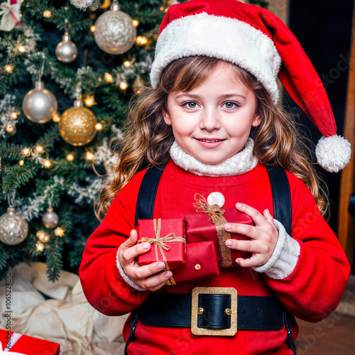 Smiling Girl in Santa Outfit Holding Presents by the Christmas Tree