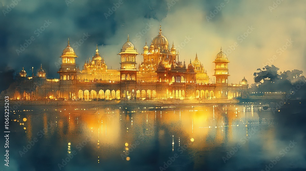 Fototapeta premium Beautifully illuminated temple reflecting on water under a misty sky, showcasing grandeur, spirituality, and architectural artistry in a serene setting.