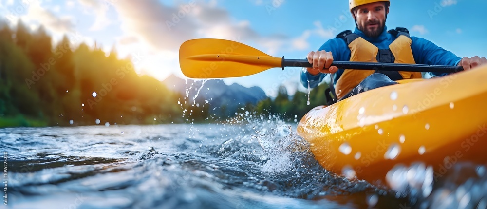 Fototapeta premium Kayaker Leaping Over Turbulent Whitewater Rapids in Mid Air Extreme Adventure