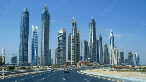 UAE skyscrapers along a highway, modern and traditional designs blending, with ample copy space