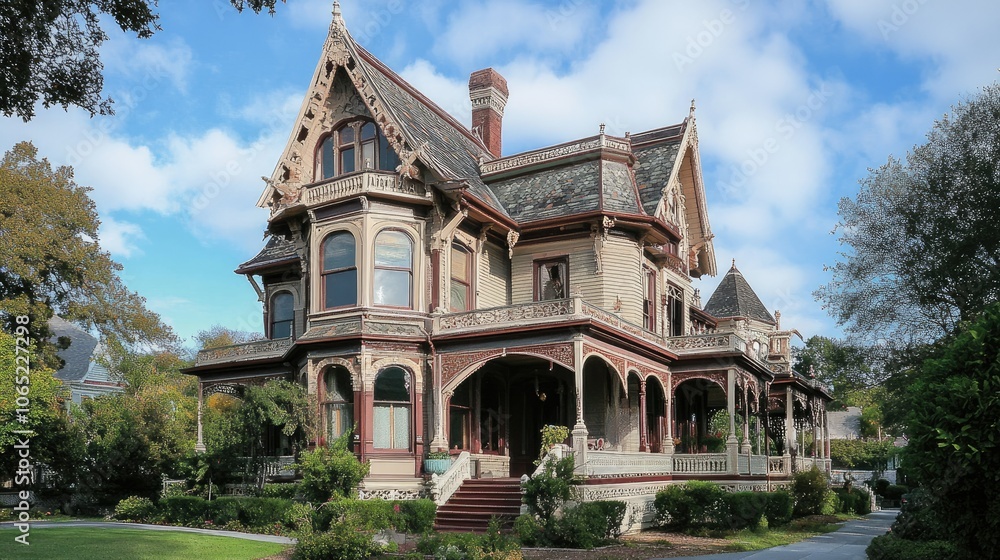 Obraz premium Victorian building with decorative corbels and ornate trim, open space for copy