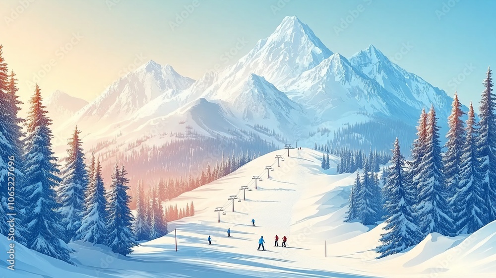 Majestic snow-capped mountains with skiers on the slopes. Majestic snow-capped mountains with skiers on the slopes.