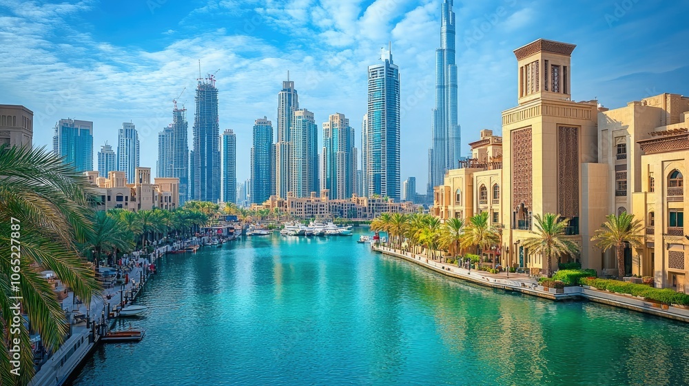 Fototapeta premium View of Dubai Creek Harbour district with open sky for messages