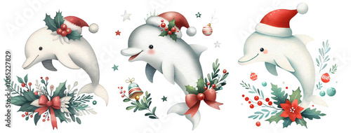 Christmas dolphin watercolor painting cutout png clip art transparent background photo