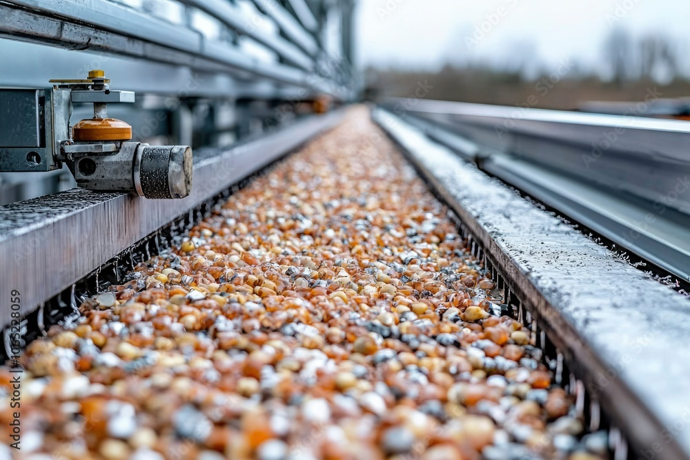 Close-up of a Conveyor Belt System with Small Brown Pebbles