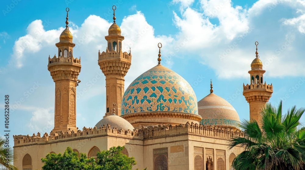 Obraz premium View of mosque domes and towers, blue sky for Islamic culture themes