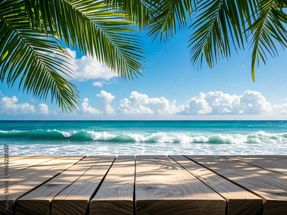 Summer tropical sea with waves, palm leaves and blue sky with clouds. Perfect vacation landscape with empty wooden table