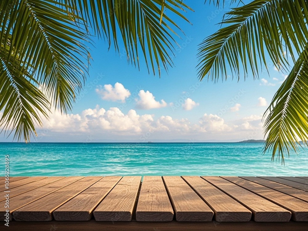 Summer tropical sea with waves, palm leaves and blue sky with clouds. Perfect vacation landscape with empty wooden table