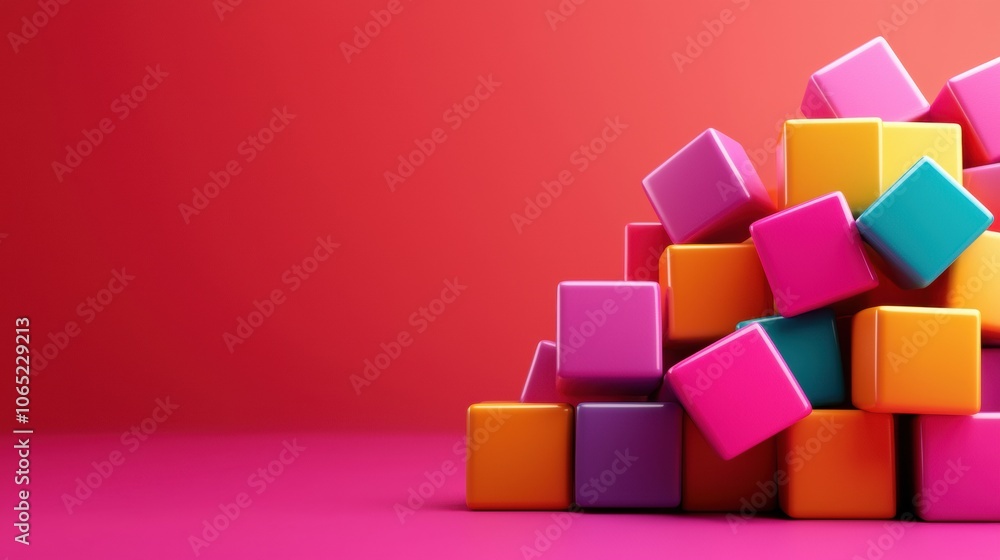 Obraz premium Explore vibrant geometric cube clusters with colorful square overlays in a modern abstract background