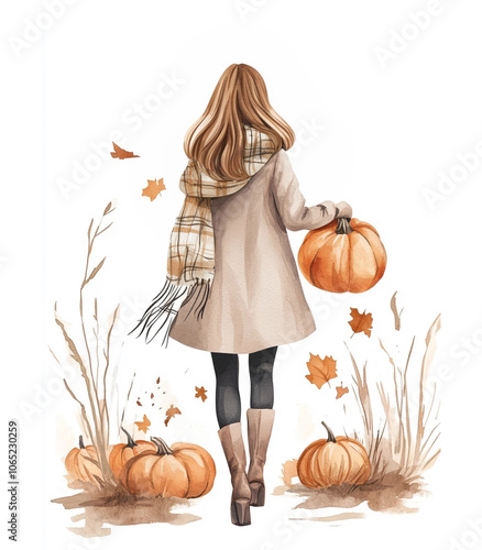 A beautiful watercolor illustration in black, beige, orange, and gold tones. A fashionable girl with a long brown hair and in stylish beige coat and check scarf carries a pumpkin