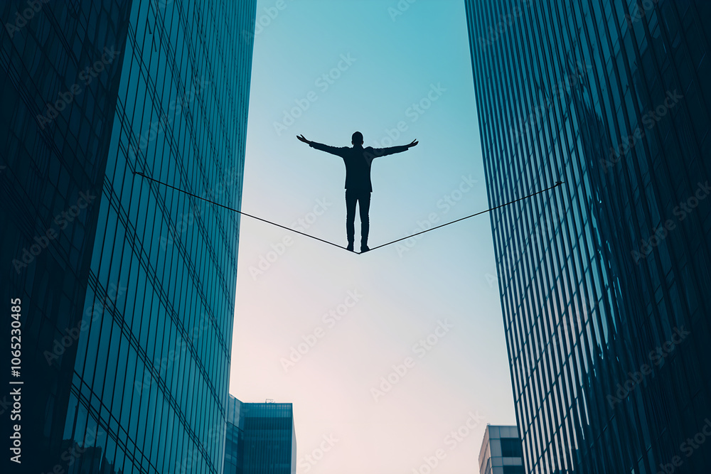 Fototapeta premium Entrepreneur Balancing on Tightrope Between Skyscrapers
