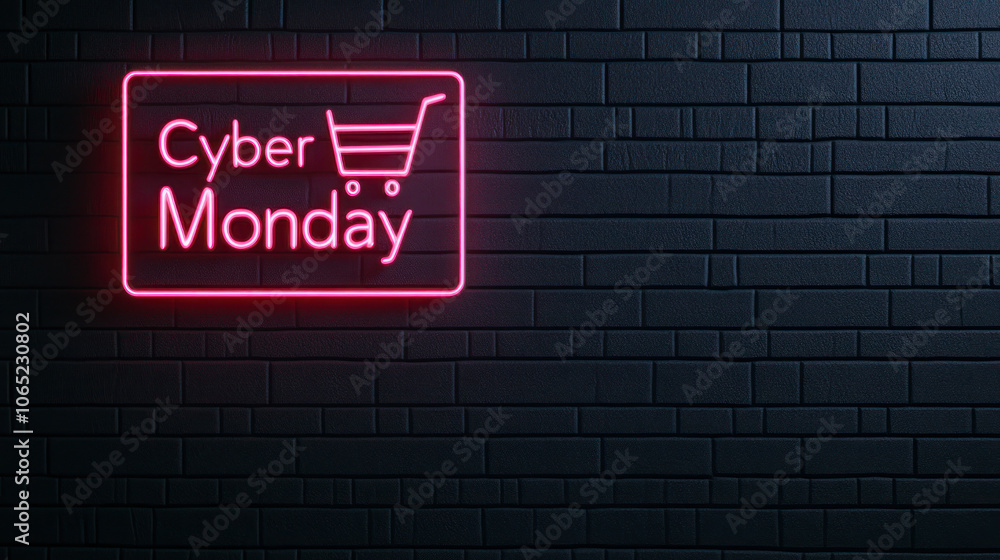 Fototapeta premium Cyber Monday neon shopping cart sign on black brick wall