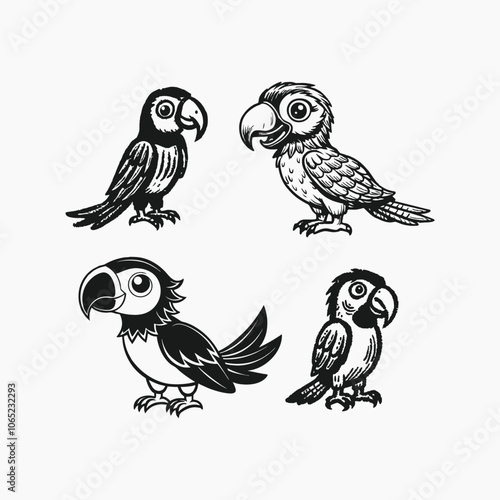 cute parrot bird cartoon posing, isolated on a black and white background