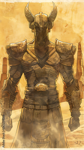 extraterrestrial warrior, majestic and divine hittite-inspired alien warrior in intricate armor amidst desert ruins, embodying ancient wisdom and determined strength, illustrated in traditional ink