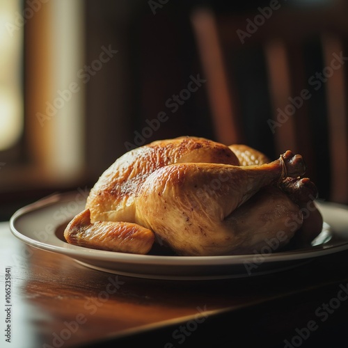 A deliciously cooked roasted chicken placed invitingly on a plate, exuding warmth and comfort in homely setting. photo