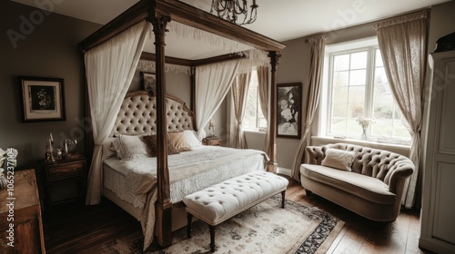 French-Inspired Bedroom with Canopy Bed and Chaise Lounge