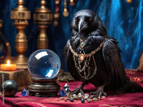 animal bird crow fortune teller with crystal magic ball AI generated 