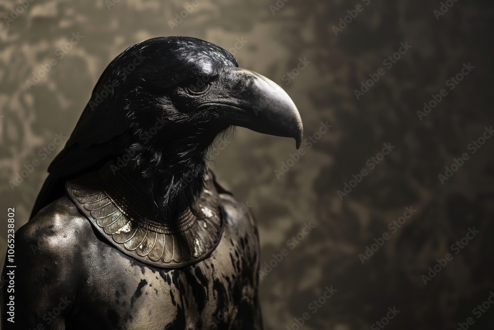 Fototapeta premium Man with body paint is posing in a studio, wearing an elaborate bird mask and a golden necklace