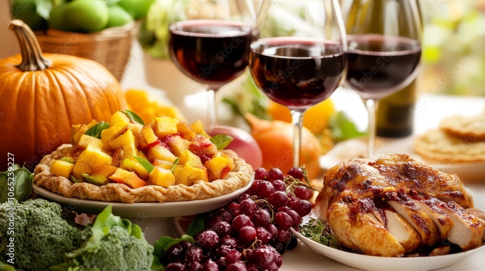 Festive Autumn Feast with Wine, Fruits, and Delicious Dishes Festive Autumn Feast with Wine, Fruits, and Delicious Dishes