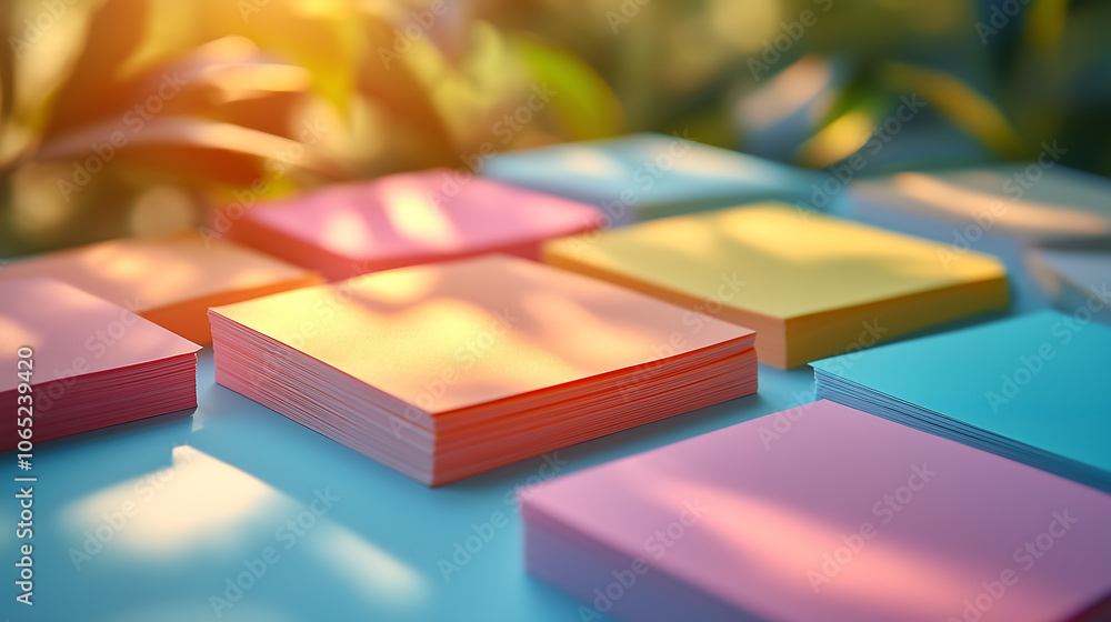 Fototapeta premium Sticky notes in soft pastel colors arranged on a classroom desk, with gentle studio lighting creating warm shadows