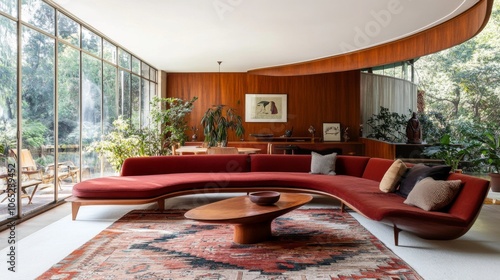 Mid-Century Modern Family Room with Low-Slung Sofa and Statement Rug photo