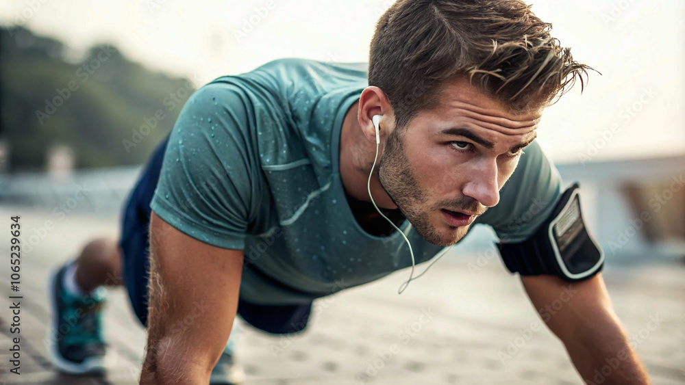 Fototapeta premium Determination in action: A fitness enthusiast holds a plank position on a sunlit path, showcasing strength and endurance.”