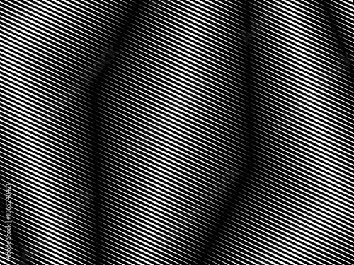 Abstract art geometric black background with abstract white stripes. Black and white optical illusion with waves and transitions.