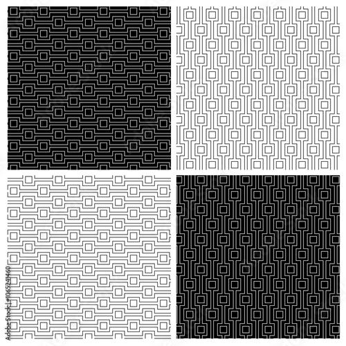 Abstract geometric seamless black white outline vector stripe pattern with squares
