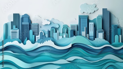 Colorful Paper Cut-Out Infographic on Flood Resilience: Community Strategies, Educational Layout, Engaging Symbols, and Whimsical Handcrafted Aesthetic for Awareness and Preparedness.