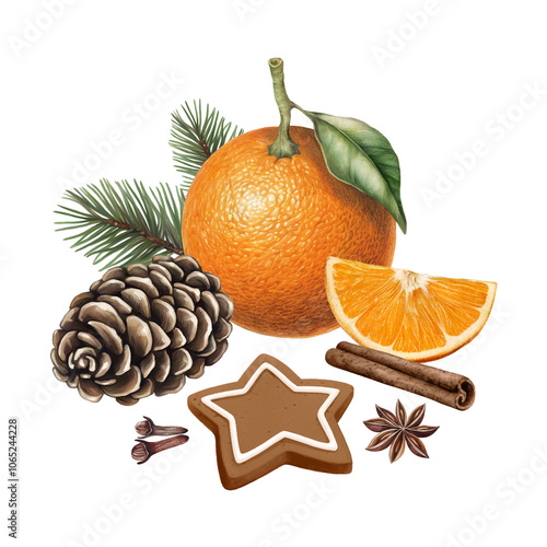 Christmas illustrations of oranges, pine tree cone and branch, spices and cookie. Hygge time. Perfect for poster, stickers, packaging design, seasonal textile, greeting cards and other printed goods