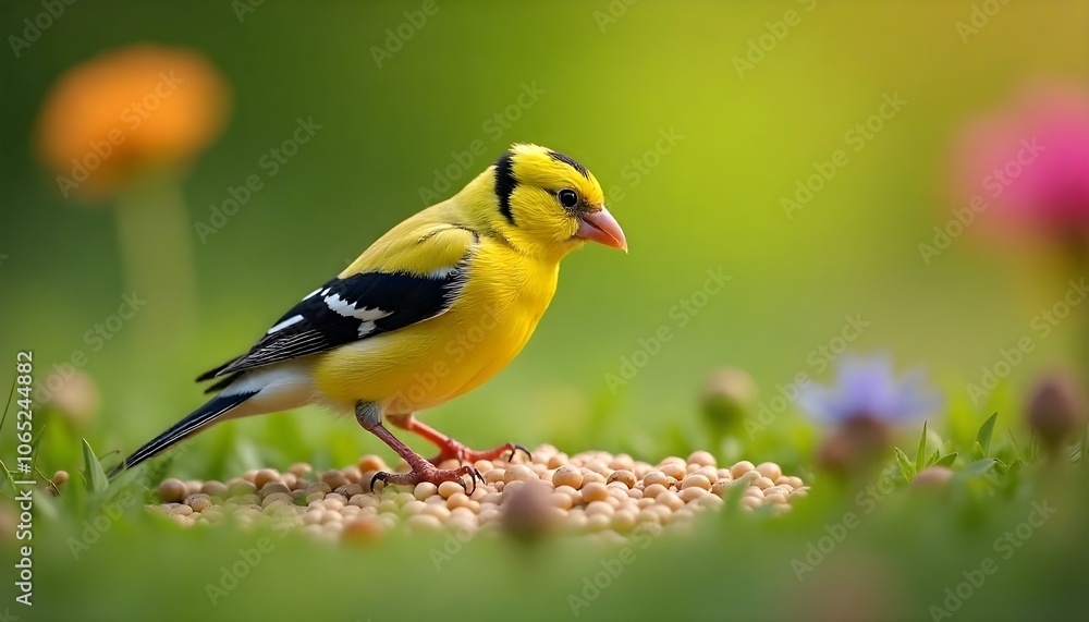 Fototapeta premium American Goldfinch feeding on seeds in lush green setting, bright yellow surrounded by wildflowers